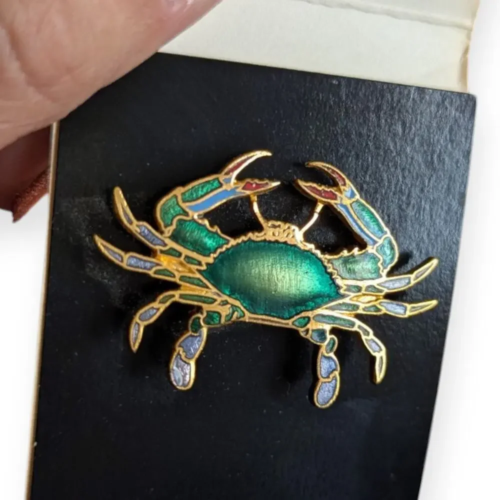 Wm Spear Brooch Pin Blue Green Iridescent Crab 1986 Signed Gold Tone Enamel 907
